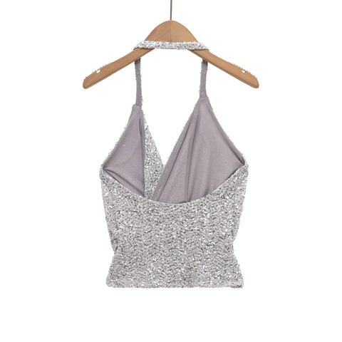 Silver Sequin Halter Neck Backless Tank Top Sparkly Deep V Party Clubwear Camisole For Women