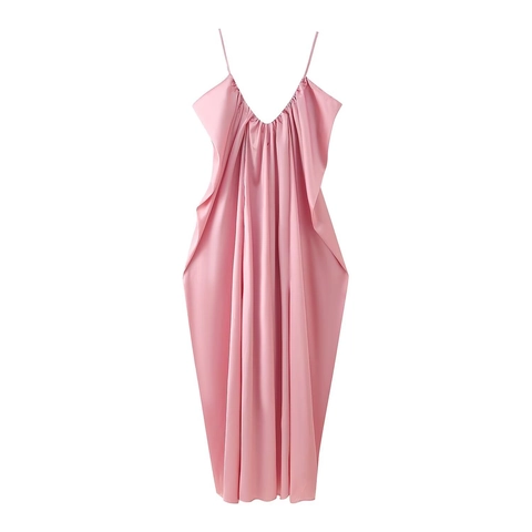Vestido Maxi de Satén con Tirantes de Espagueti y Cuello en V para Mujer Elegante sin Mangas Color Sólido Fruncido Suelto Vestido de Fiesta de Verano