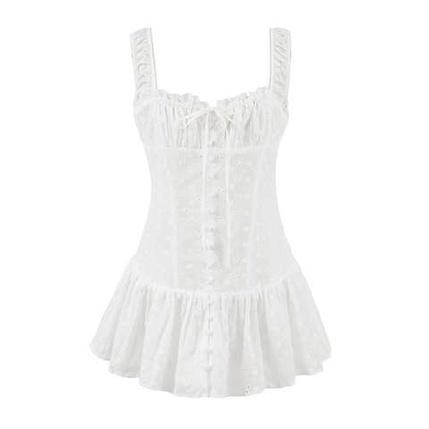 Franse Vierkante Hals Lochstickerei Camisole Mini Jurk Ruffle Trim Trekkoord Slim Zomervakantie Feestjurk Voor Vrouwen