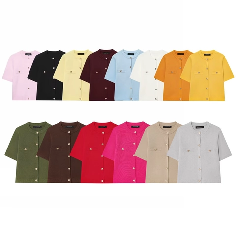 Dames Casual Kortmouw Gebreid Vest Slim Fit Ronde Hals Top Met Decoratieve Metalen Knopen Effen Kleur Breigoed