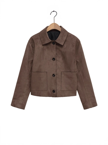 Chaqueta de Moto de Gamuza Sintética para Mujer Vintage Marrón Manga Larga Solapa Holgada Botón Ropa de Abrigo Streetwear Corta