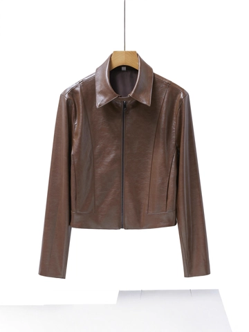 Chaqueta de Piel Sintética PU para Mujer Moda Callejera Corta Solapa Cremallera Manga Larga Color Sólido Blazer Casual