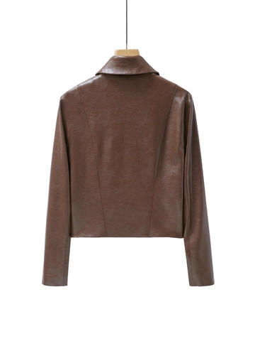 Chaqueta de Piel Sintética PU para Mujer Moda Callejera Corta Solapa Cremallera Manga Larga Color Sólido Blazer Casual