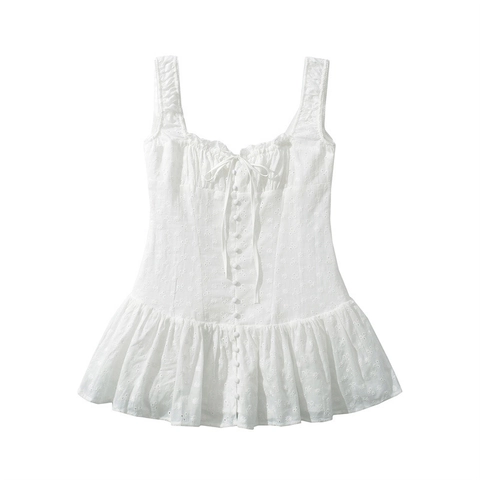 Franse Vierkante Hals Lochstickerei Camisole Mini Jurk Ruffle Trim Trekkoord Slim Zomervakantie Feestjurk Voor Vrouwen
