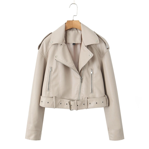 Damen PU Kunstleder Bikerjacke Kurz Moto Mantel Mit Gürtel Revers Langarm Casual Chic Reißverschluss Oberbekleidung Frühling Mode
