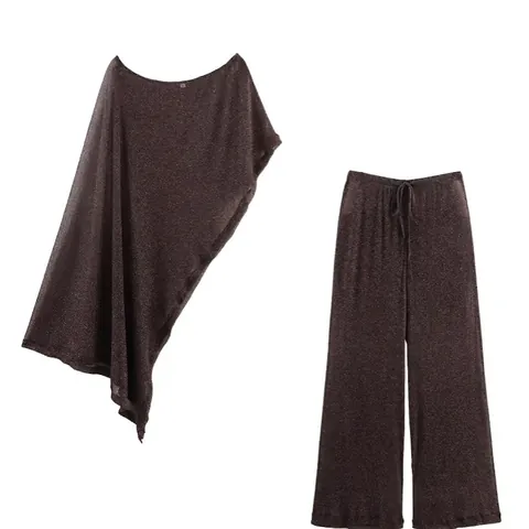 Completo da Donna a Due Pezzi con Top a Mantella Metallizzato Asimmetrico e Pantaloni a Gamba Larga Abbigliamento Casual Luccicante a Vita Alta per Feste