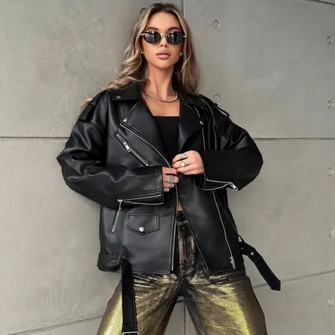 Dames Oversized PU Imitatieleer Bikerjack Moto Punk Streetwear Jas Met Ritszakken En Riem Revers Bovenkleding