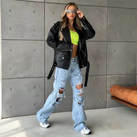 Dames Oversized PU Imitatieleer Bikerjack Moto Punk Streetwear Jas Met Ritszakken En Riem Revers Bovenkleding