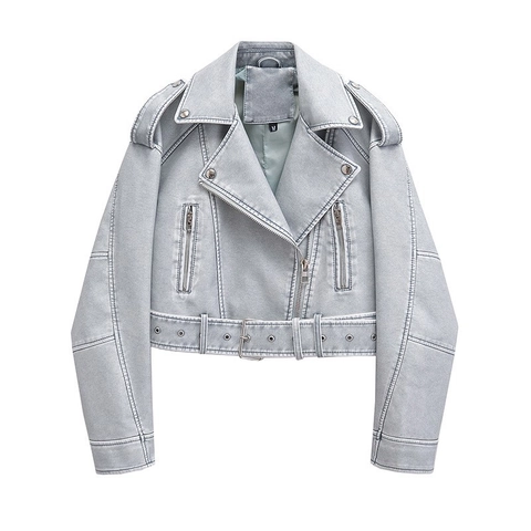 Women's Vintage PU Leather Motorcycle Jacket Washed Faux Leather Short Biker Coat With Belt Lapel Zipper Outerwear