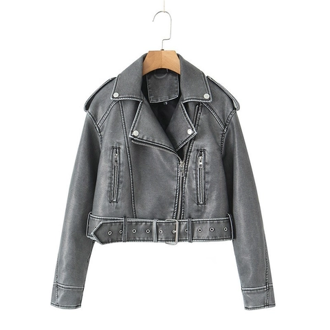 Women's Vintage PU Leather Motorcycle Jacket Washed Faux Leather Short Biker Coat With Belt Lapel Zipper Outerwear