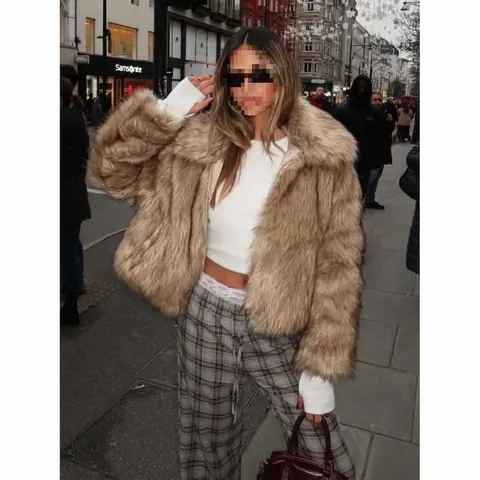 Dames Mode Imitatiebont Jas Revers Lange Mouw Winter Warm Kort Jasje Met Rits Herfst Casual Camel Bovenkleding