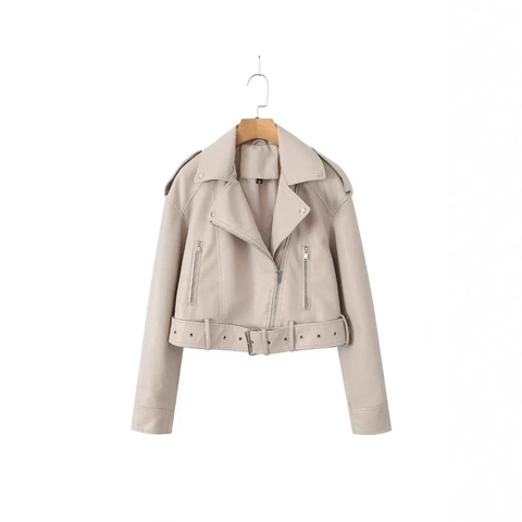 Damen Mode Cropped PU Leder Bikerjacke Mit Gürtel Chic Moto Kunstleder Kurze Jacke Oberbekleidung Für Herbst Winter
