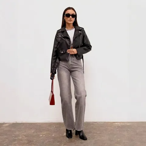 Damen Kunstleder Motorradjacke Vintage Biker Mantel Mit Gürtel Revers Reißverschluss Kurz Outwear Frühling Herbst Mode PU Jacke
