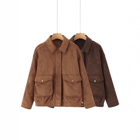 Women Casual Faux Suede Bomber Jacket Lapel Collar Loose Cargo Pocket Elastic Hem Vintage Autumn Winter Short Coat