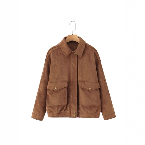 Women Casual Faux Suede Bomber Jacket Lapel Collar Loose Cargo Pocket Elastic Hem Vintage Autumn Winter Short Coat