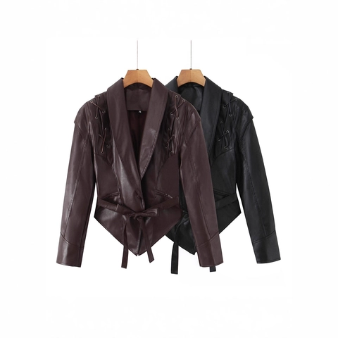 Giacca in Pelle PU Vintage da Donna con Lacci Spalle e Cintura Cappotto Biker Corto Streetwear Punk Tinta Unita in Similpelle