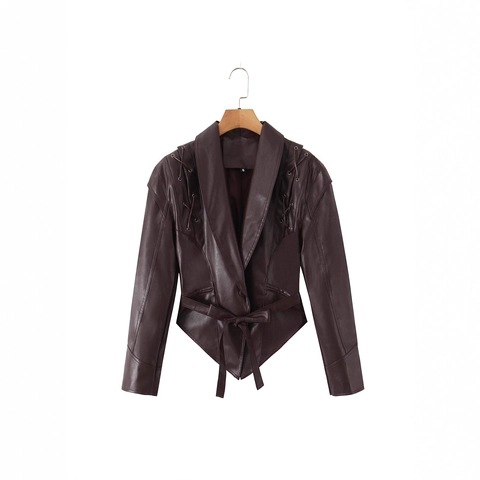 Giacca in Pelle PU Vintage da Donna con Lacci Spalle e Cintura Cappotto Biker Corto Streetwear Punk Tinta Unita in Similpelle