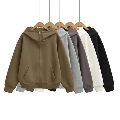 Women Casual Zip Up Hooded Sweatshirt Cotton Blend Loose Fit Long Sleeve Jacket Solid Color Hoodie Pocket Autumn Winter Top