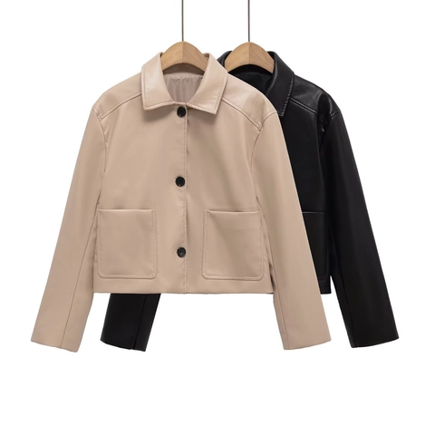 Damen Fashion PU Lederjacke Revers Langarm Lockere Kurzjacke Mit Taschen Einfarbig Casual Streetwear Top