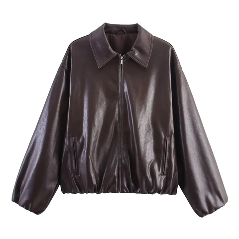 Damen Mode Kunstleder Pilotenjacke Vintage Braun Reißverschluss Oberbekleidung Loose Fit Revers Langarm Casual Biker Mantel