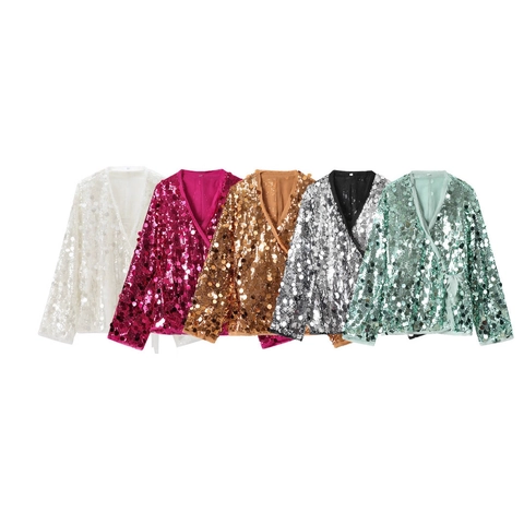 Damen Sexy Pailletten Wickeloberteil V-Ausschnitt Langarm Glitzer Bluse Party Jacke Für Abend Hochzeit Party Oberteil