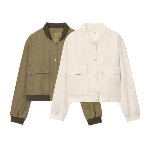 Giubbotto Bomber da Donna con Bottoni a Pressione Finiture a Costine Doppie Tasche Girocollo Taglio Corto Casual Streetwear Poliestere