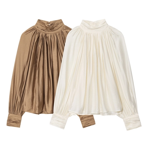 Blusa Elegante de Satén Plisado con Cuello Alto Drapeado para Mujer Manga Larga Vintage de Algodón Tencel para Fiesta Oficina