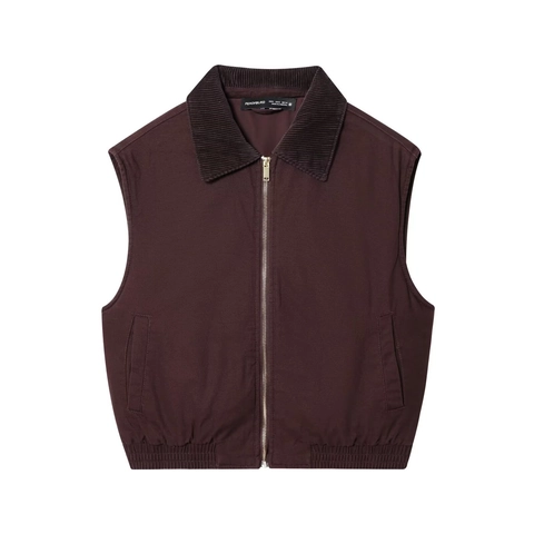 Damen Casual Reißverschluss Segeltuch Weste Mit Cordkragen Patchwork Ärmellose Jacke Vintage Tasche Weste Herbst Oberbekleidung