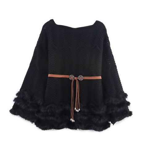 Maglione in Maglia da Donna con Spalle Scoperte e Traforato Con Bordi in Pelliccia Sintetica e Cintura Top Elegante a Maniche Lunghe