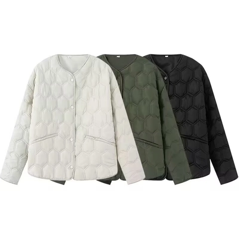 Women Casual Lightweight Quilted Padded Jacket Round Neck Hexagon Pattern Snap Button Long Sleeve Warm Outwear Coat