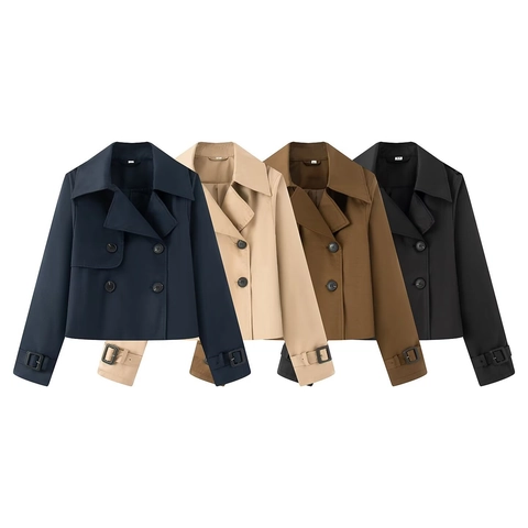 Dames Korte Trenchcoat Double Breasted Revers Jas Effen Kleur Streetwear Bovenkleding Verstelbare Manchetten Lange Mouw Mode