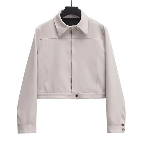 Women Casual Short Jacket Polo Lapel Zipper Long Sleeve Solid Color Polyester Fashion Outerwear Pocket Decoration Lady Coat