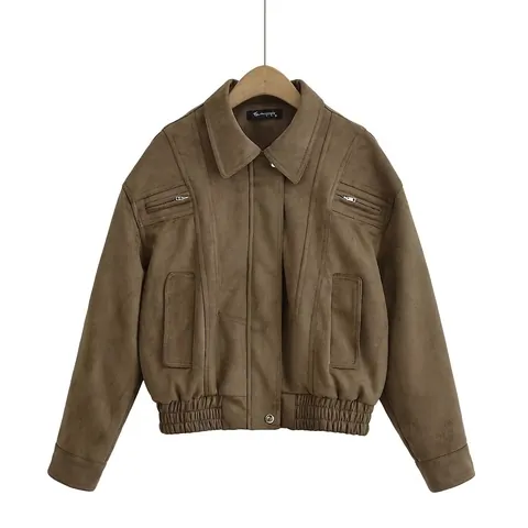 Chaqueta de Antelina Vintage para Mujer Abrigo Bomber Retro de Moto Con Bolsillos Corte Holgado Manga Larga Verde Oliva