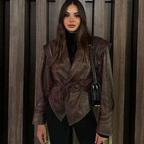 Women Faux PU Leather Jacket Vintage Moto Biker Coat Loose Wrap Tie Waist Solid Color Long Sleeve Outwear For Streetwear
