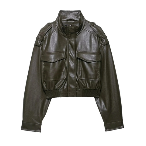 Giacca da Moto Vintage da Donna in Pelle PU Verde Oliva Colletto in Piedi Bomber Corto Cappotto da Volo Con Spalline e Cerniera