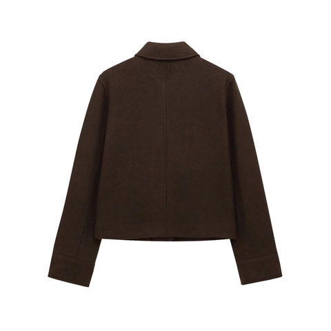 Women's Minimalist Woolen Look Short Jacket Lapel Button Up Outerwear With Dual Pockets Casual Loose Fit Long Sleeve Coat
