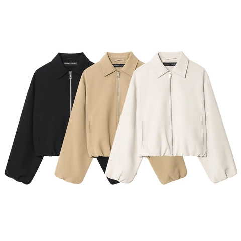 Women Fashion Solid Color Zip Up Crop Jacket Turn Down Collar Long Sleeve Loose Outerwear Casual Bomber Coat Autumn Wear