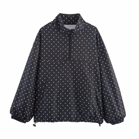 Dames Casual Gestippelde Halve Rits Staande Kraag Jas Losjes Lange Mouw Trekkoord Zoom Windjack Bovenkleding Top