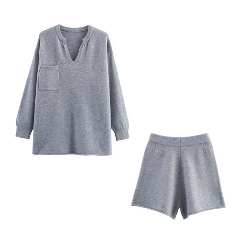Ensemble Pull En Tricot Et Short Décontracté Pour Femme Col En V Manches Longues Poche Haut Taille Haute Uni Lounge