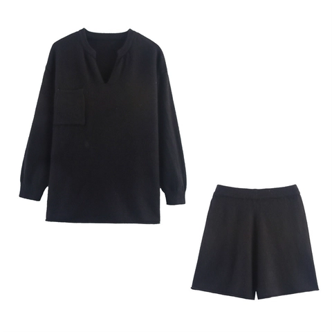 Ensemble Pull En Tricot Et Short Décontracté Pour Femme Col En V Manches Longues Poche Haut Taille Haute Uni Lounge