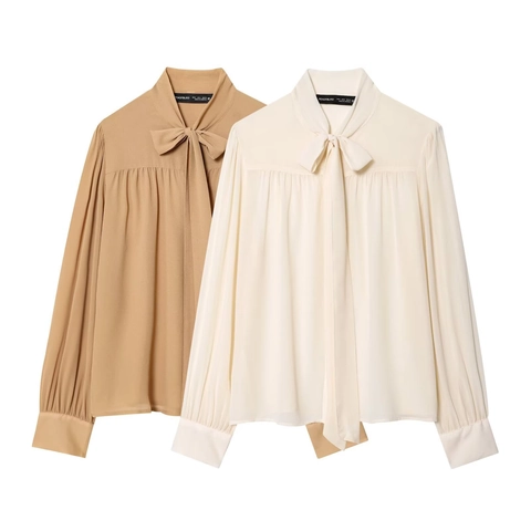 Camicetta da Donna Casual in Chiffon con Fiocco Elegante Manica Lunga Pieghettata Tinta Unita Camicetta Pullover da Ufficio