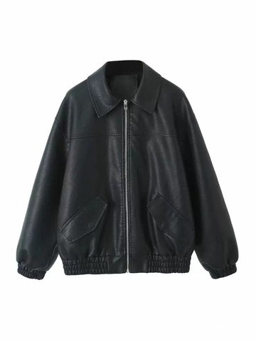 Damen Amerikanisches Retro Kunstleder Jacke Übergroße Lässige Bomberjacke Mit Reißverschluss Revers Taschen Langarm Mantel
