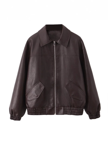 Damen Amerikanisches Retro Kunstleder Jacke Übergroße Lässige Bomberjacke Mit Reißverschluss Revers Taschen Langarm Mantel