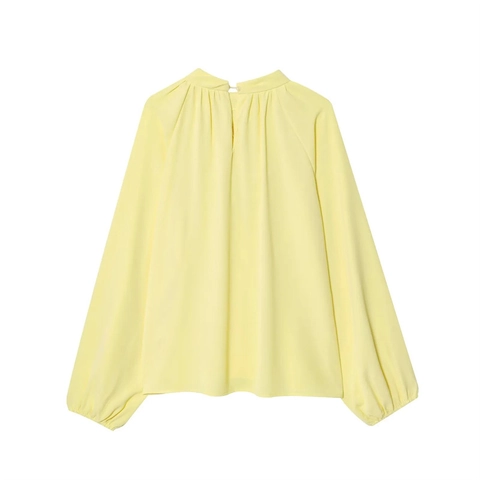 Women French Elegant Light Yellow Chiffon Blouse Lantern Sleeve Mock Neck Tie Up Top With Metal Pendants Loose Casual Shirt