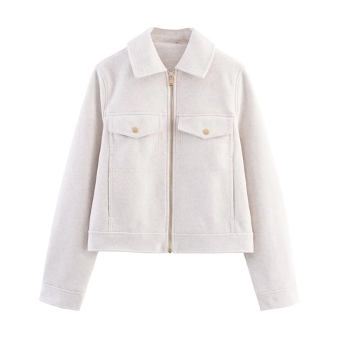 Damen Casual Wolljacke Reißverschluss Revers Kurz Oberbekleidung Einfarbig Herbst Winter Mode Mantel Mit Klappentaschen