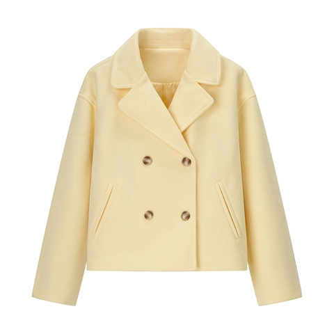 Dames Western Stijl Mode Double Breasted Korte Imitatie Wol Jas Elegant Revers Lange Mouw Casual Geel Bovenkleding Jack