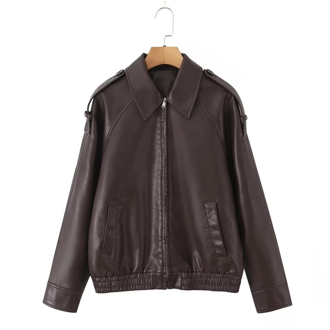American Retro Women PU Leather Jacket Lapel Zip Up Moto Streetwear Loose Outerwear Shoulder Straps Elastic Hem Coat