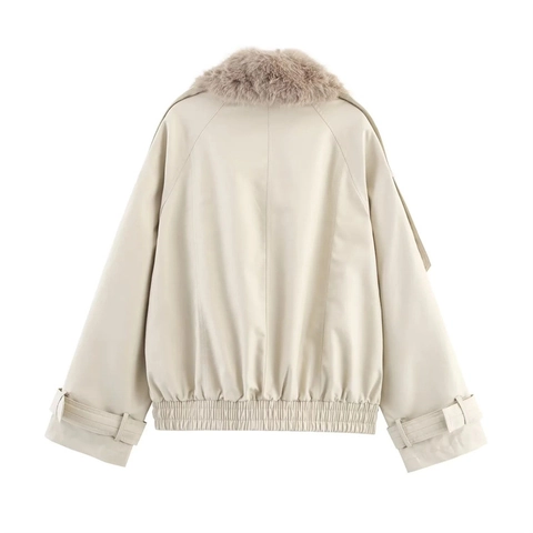 Dames Casual Khaki Double-breasted Korte Jas Met Bontkraag Waterdicht Lange Mouwen Losse Pasvorm Windjack