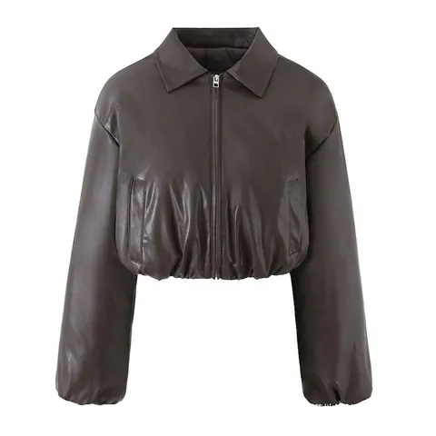 Damen Amerikanisches Retro PU-Leder Gepolsterte Jacke Vintage Dunkelbraun Schwarz Cropped Outerwear Locker Elastischer Saum Warm Wintermantel