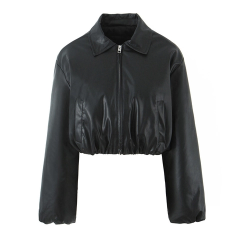 Damen Amerikanisches Retro PU-Leder Gepolsterte Jacke Vintage Dunkelbraun Schwarz Cropped Outerwear Locker Elastischer Saum Warm Wintermantel